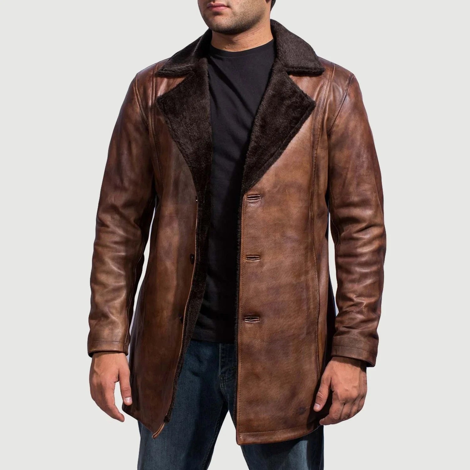 Cinnamon Distressed Leather Fur Coat image 0