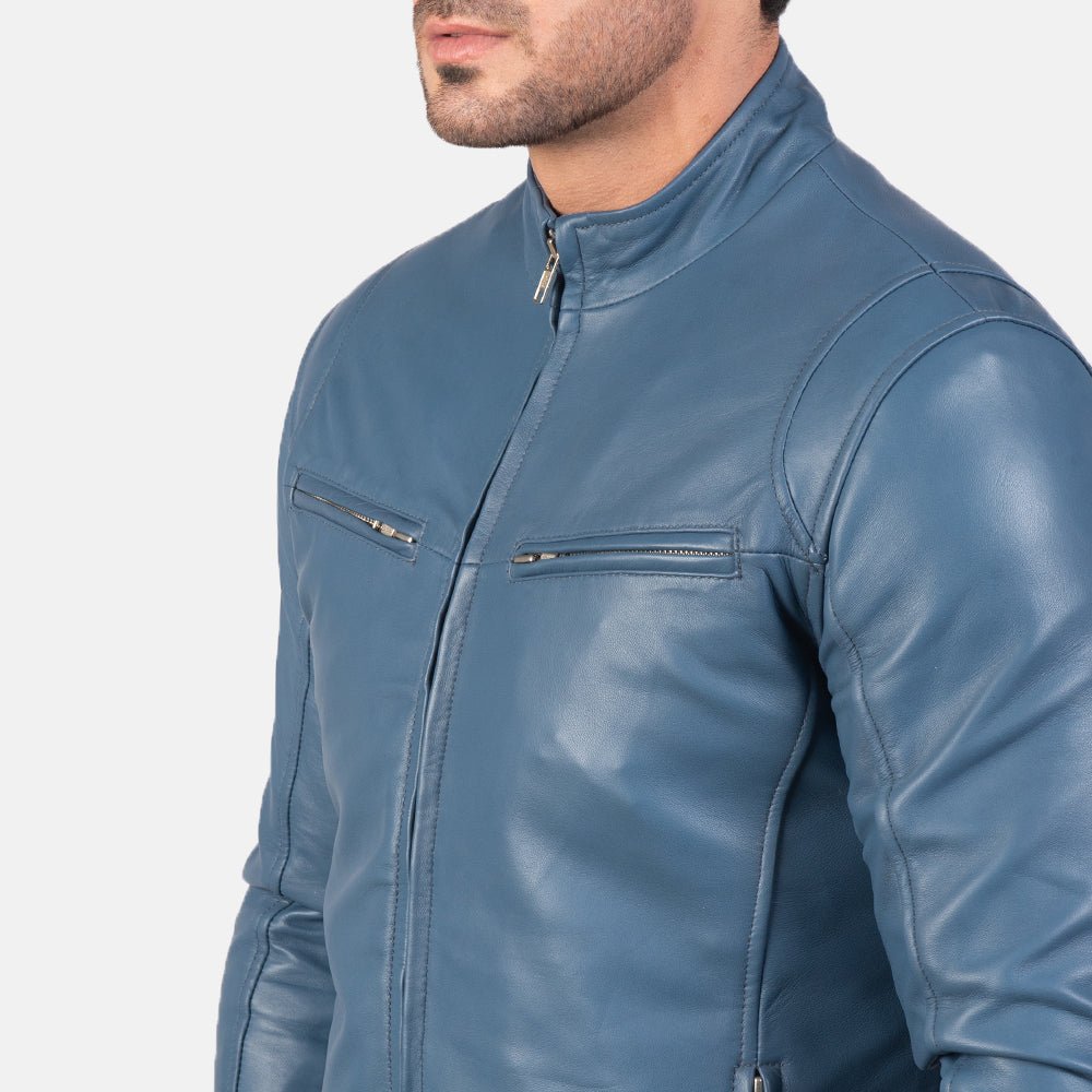 Ionic Blue Leather Biker Jacket image 6