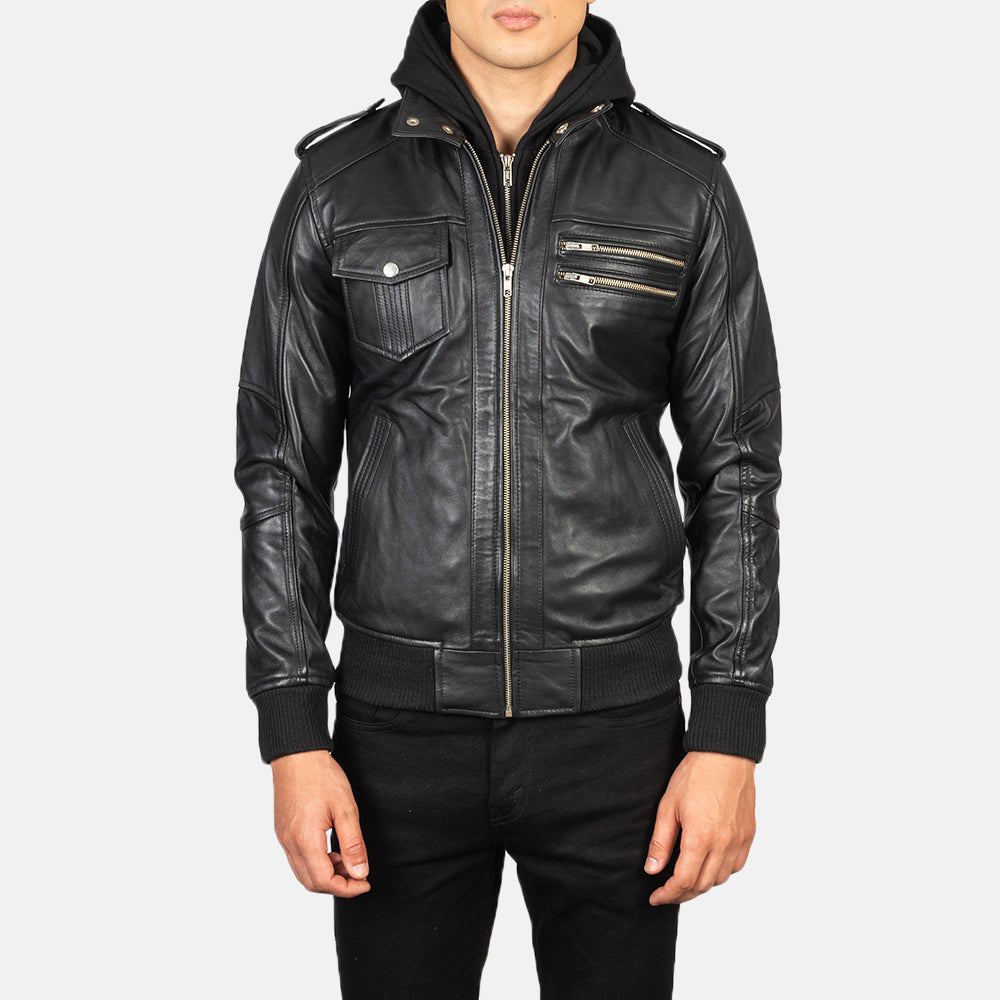 Bravado Black Hooded Leather Bomber Jacket image 3