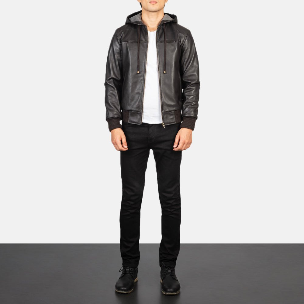 Nintenzo Brown Hooded Leather Bomber Jacket image 3