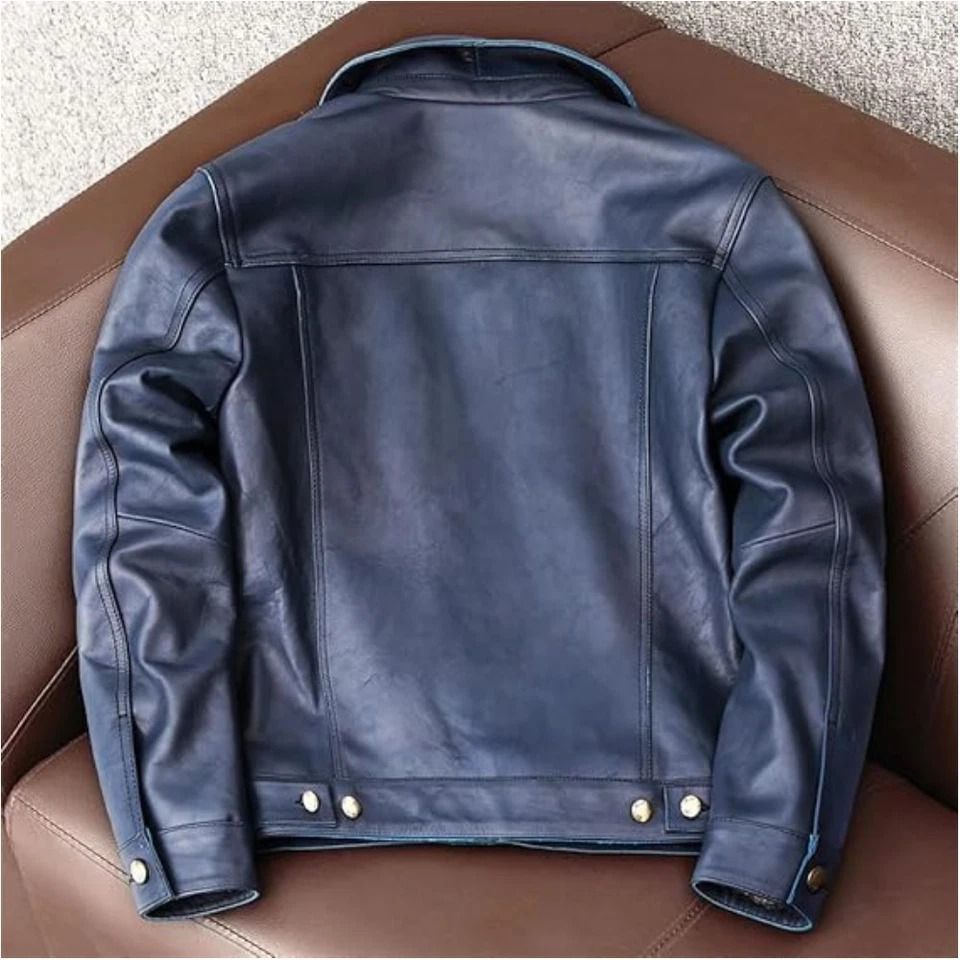 Men’s Vintage Blue Leather Jacket – Slim Fit Genuine Cowhide Motorcycle Coat