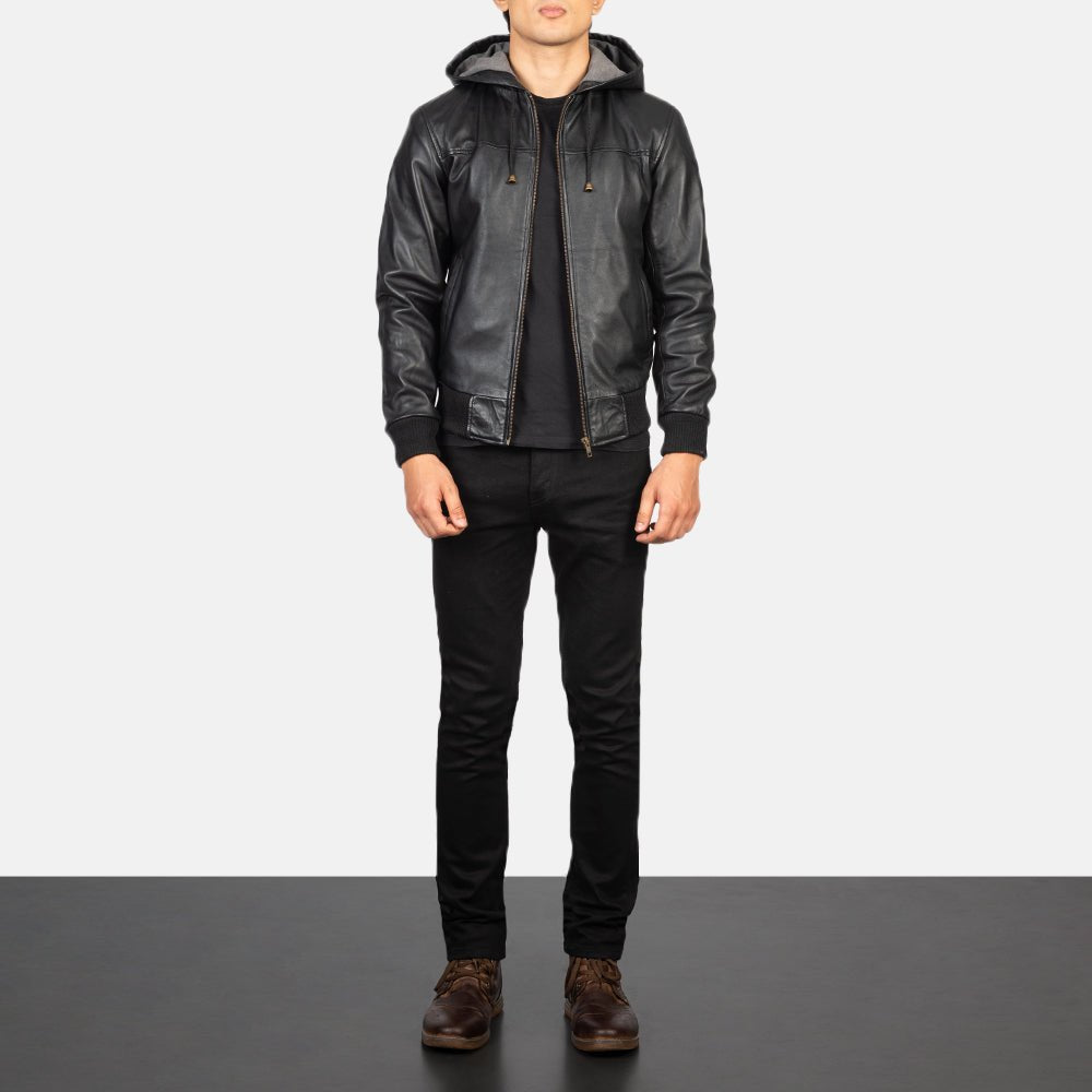 Nintenzo Black Hooded Leather Bomber Jacket image 2