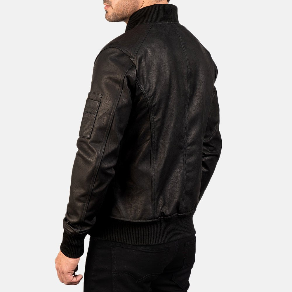 Bomia Ma-1 Distressed Black Leather Bomber Jacket image 3