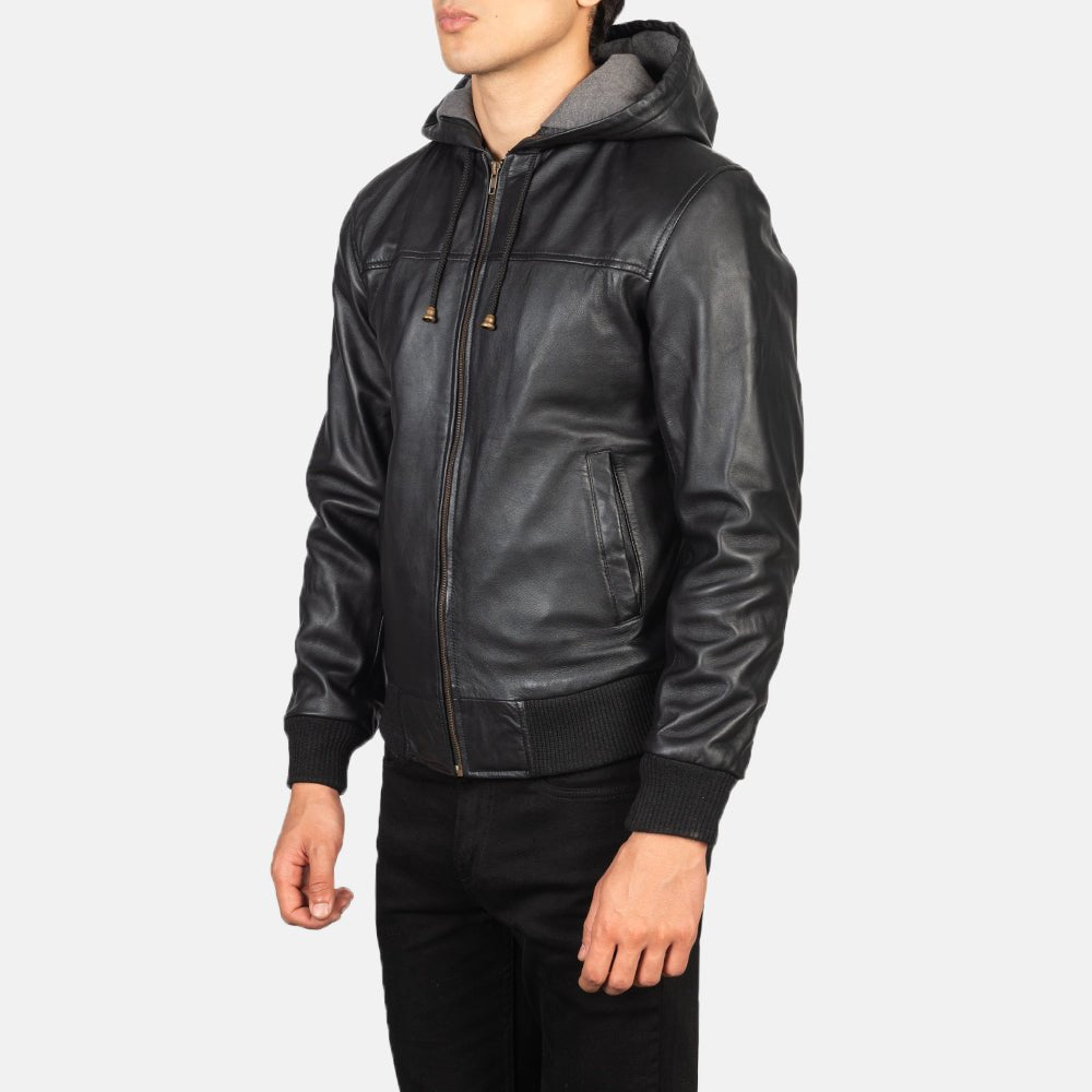 Nintenzo Black Hooded Leather Bomber Jacket image 1