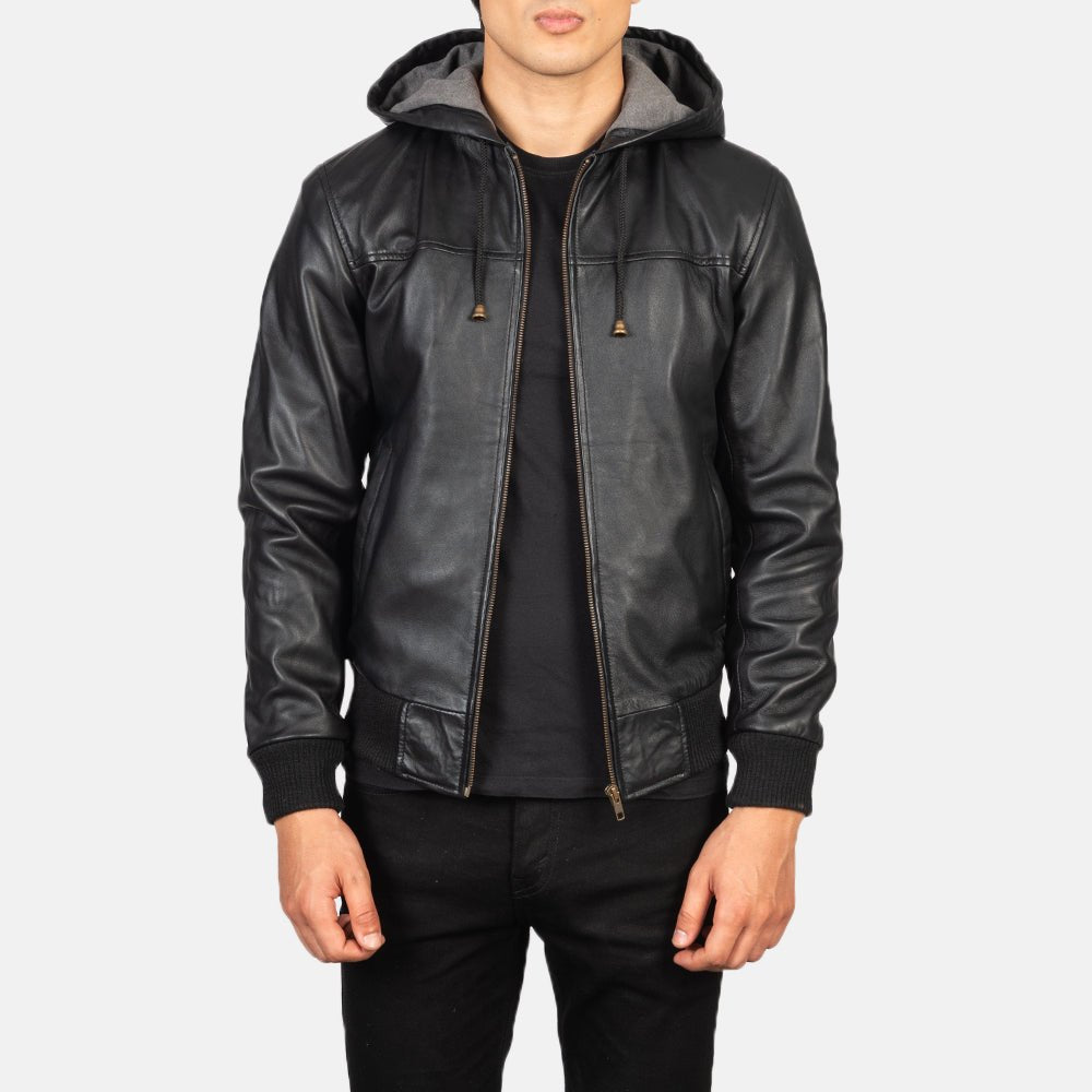 Nintenzo Black Hooded Leather Bomber Jacket image 0